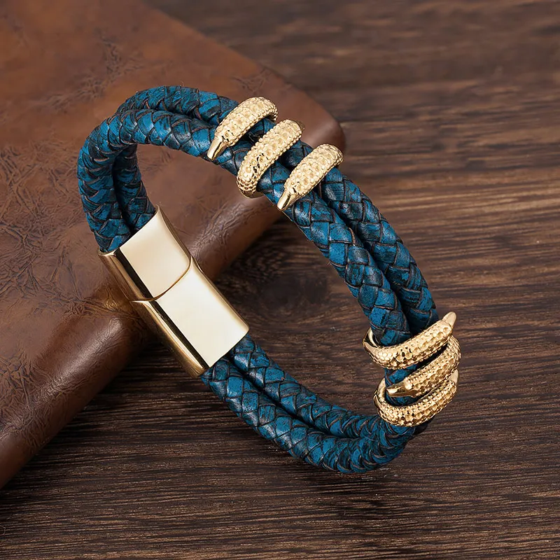 Mens Stainless Steel Bracelet Vintage Blue Leather Gold Dragon Claw Punk Jewelry Handmade Rope Accessories Fashion Bangles Gift
Mens Stainless Steel Bracelet Vintage Blue Leather Gold Dragon Claw Punk Jewelry Handmade Rope Accessories Fashion Bangles Gift