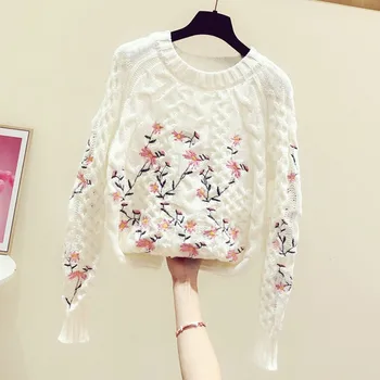 2020 Spring Autumn New Korean Sweet Hand-Embroidered Floral Round Neck Long Sleeve Sweater Women's Casual Knit Top White Sweater 
2020 Spring Autumn New Korean Sweet Hand-Embroidered Floral Round Neck Long Sleeve Sweater Women's Casual Knit Top White Sweater