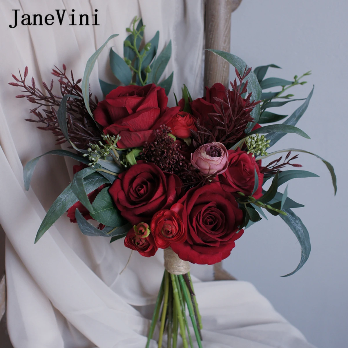 

Винтажный Свадебный букет jaevini 2021, темно-красные свадебные цветы, искусственные шелковые розы, букеты, свадебные аксессуары на осень