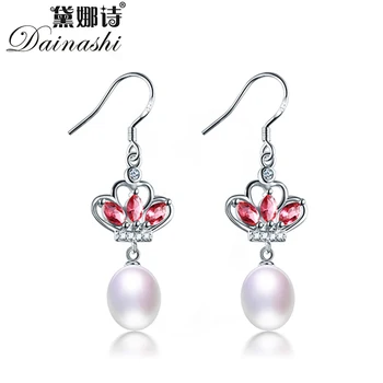 Dainashi 925 Sterling Silver Red Crown Zircon Drop Earrings New Design 100% Genuine Natural Freshwater Pearl Dangle Earrings