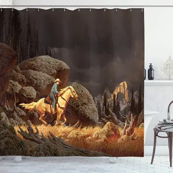 Western Shower Curtain, Rock Mountain Landscape with Cowboy Riding Horse NorthmericStyle, Cloth Fabric Bathroom Decor Set with 
Western Shower Curtain, Rock Mountain Landscape with Cowboy Riding Horse NorthmericStyle, Cloth Fabric Bathroom Decor Set with