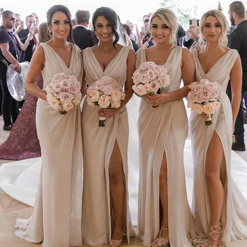 Backless Cheap Bridesmaid Dresses Under 50 Mermaid V-neck Chiffon Slit Long Wedding Party Dresses 
Backless Cheap Bridesmaid Dresses Under 50 Mermaid V-neck Chiffon Slit Long Wedding Party Dresses