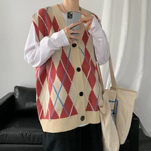 Men Sleeveless Cardigan Loose Retro Argyle Teenagers Unisex Couple Hipster Soft Knitted Casual Autumn Ulzzang Males Sweaters New
Men Sleeveless Cardigan Loose Retro Argyle Teenagers Unisex Couple Hipster Soft Knitted Casual Autumn Ulzzang Males Sweaters New
