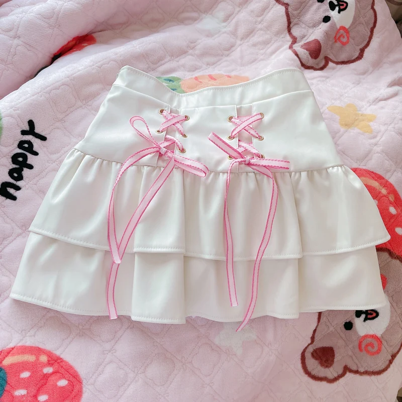 Fashion Pink Mini Skirt Women Leather PU Kawaii Ruffle Lace Up School Girls Cute Korean A Line High Waist Lolita Short Skirts Fashion Pink Mini Skirt Women Leather PU Kawaii Ruffle Lace Up School Girls Cute Korean A Line High Waist Lolita Short Skirts