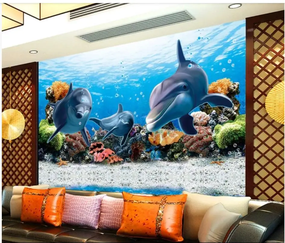 

Custom wallpaper 3d murals wallpaper for walls 3 d Underwater World Dolphin TV Background wall papers for children's room mural