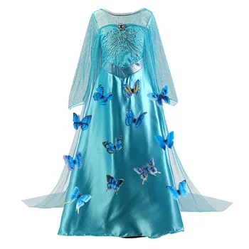 

Elsa Dress for Kid with Snowflake Cloak Long Sleeve Butterfly Sequined Elza Princess Party Wear Fancy Girl Birthday Carnival