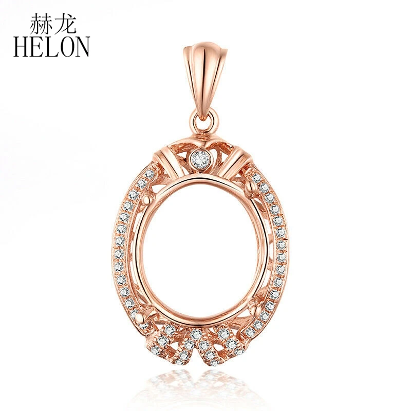 

HELON Oval 13x11mm Solid 14K Rose Gold AU585 Retro Engagement Wedding Jewelry 0.2CT Natural Diamond Semi Mount Pendant Setting