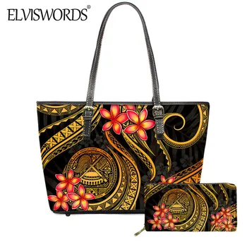 

ELVISWORDS Orange Color Women's Stylish PU Handbag and Purse Hawaii Plumeria Samoan Tribal Durable Large Capacity Leather Tote