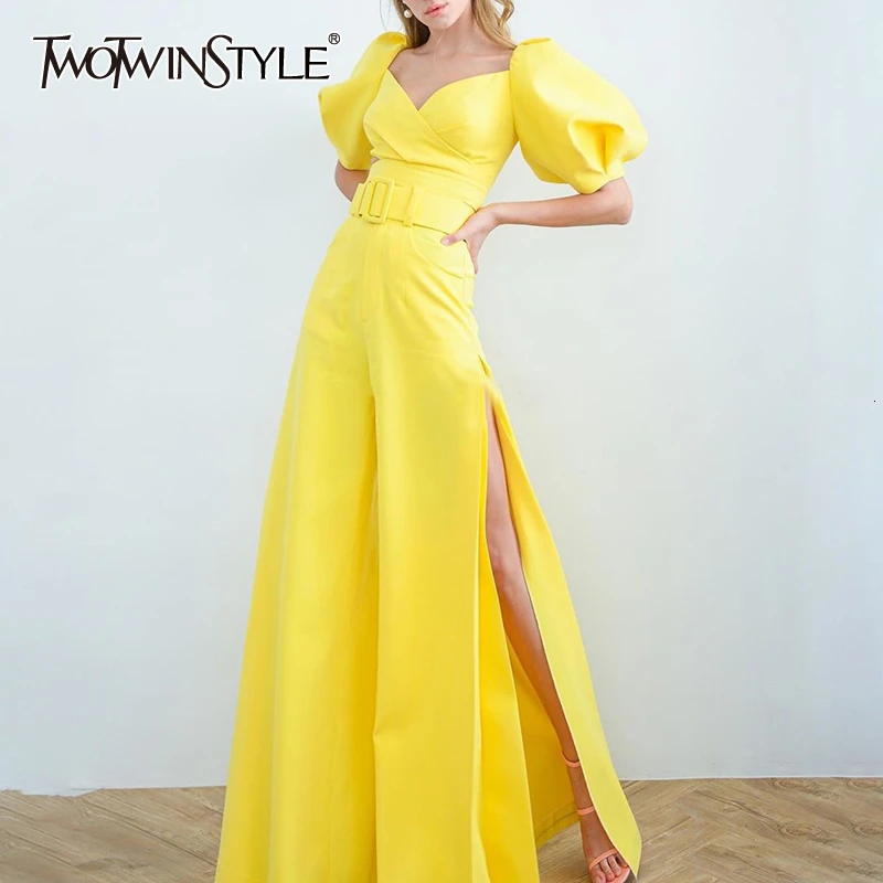 TWOTWINSTYLE Jumpsuits For Women Square Collar Lantern Half Sleeve High Waist Side Split Flare Pants Female Fashion 2020
TWOTWINSTYLE Jumpsuits For Women Square Collar Lantern Half Sleeve High Waist Side Split Flare Pants Female Fashion 2020