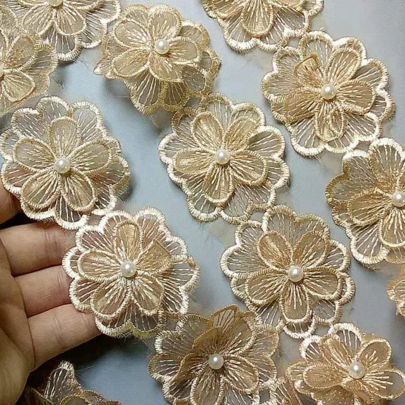 

1 yard Glod Pearl Beaded Embroidered Flower Lace Ribbon Trim Floral Applique Patches Fabric Sewing Craft Vintage Wedding Dress