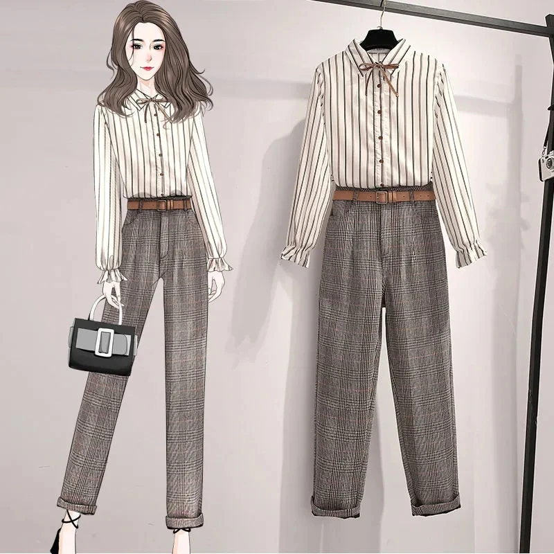 Suit pants suit women's loose size 2021 spring and autumn new trumpet sleeve striped shirt plaid nine-point pants two-piece suit
Suit pants suit women's loose size 2021 spring and autumn new trumpet sleeve striped shirt plaid nine-point pants two-piece suit
