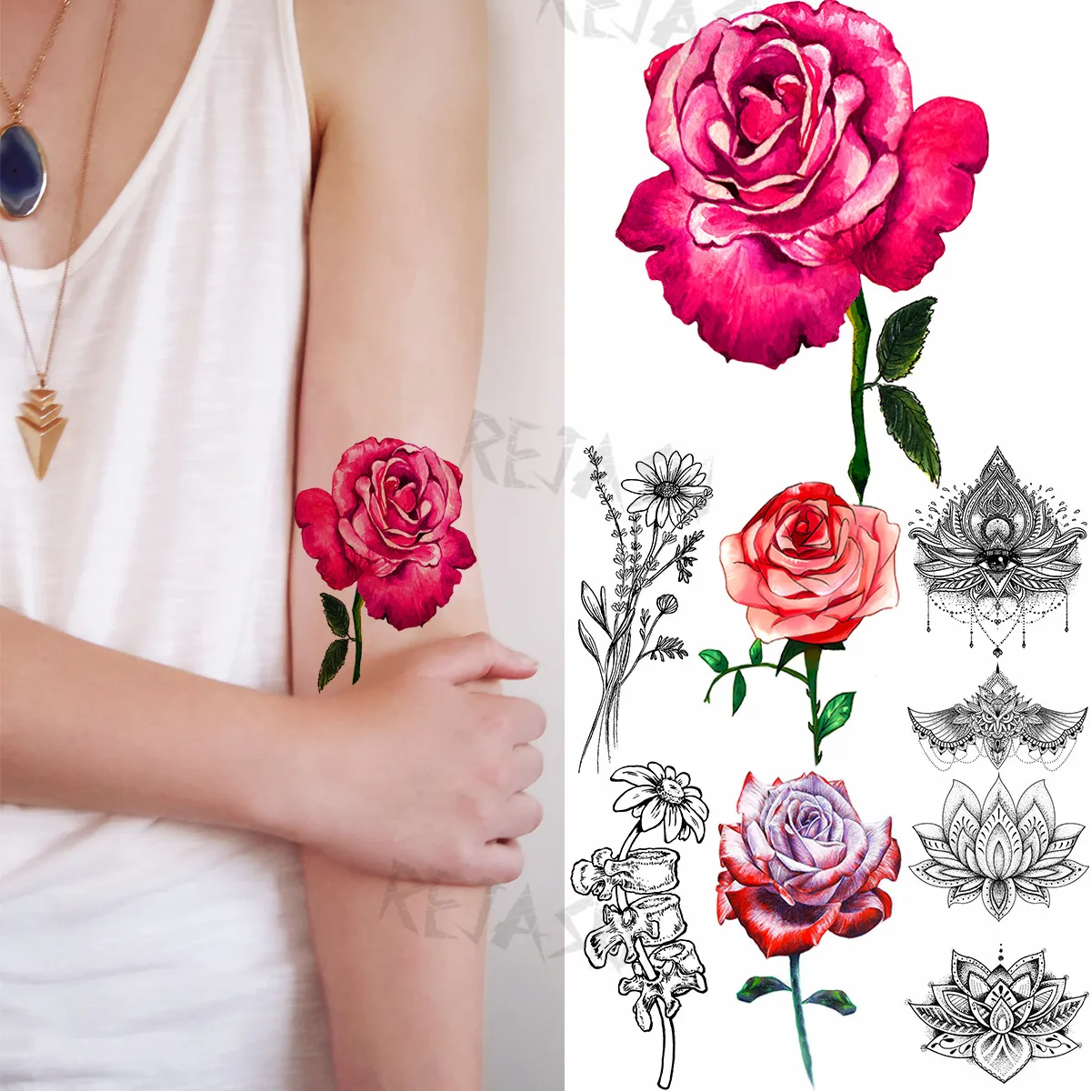 

Временные татуировки для женщин, объемные цветные листья розы, букет для взрослых, подвеска в виде лотоса, искусственная татуировка на руку, боди-арт, водостойкая татуировка