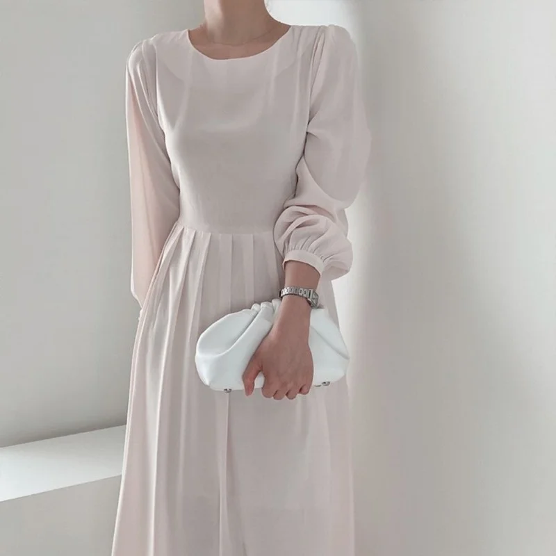Women Simple Dress Korean Chic Spring Gentle Round Neck Pullover Long Waist Closing Bubble Sleeve Pleated | Женская одежда