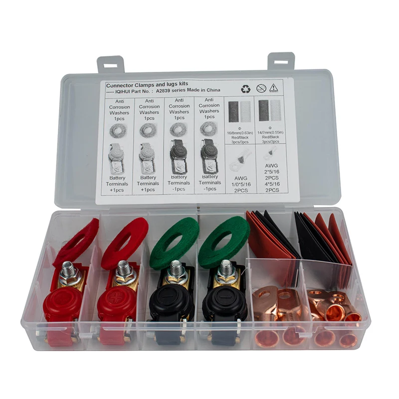 Universal Quick Release Battery Terminals Clamps with Anti-Corrosion Protectors Washers and Heat Shrink Tube Assortment Kit
Universal Quick Release Battery Terminals Clamps with Anti-Corrosion Protectors Washers and Heat Shrink Tube Assortment Kit