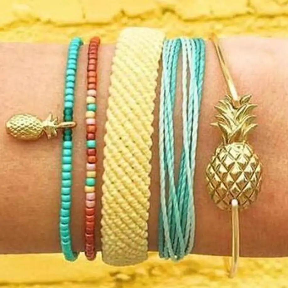 Фото Gold color Bohemian Handmade 4 layers leaf bull head Bracelet Sets Women 2019 New Rope Chain Bracelets Retro Jewelry Accessories | Украшения