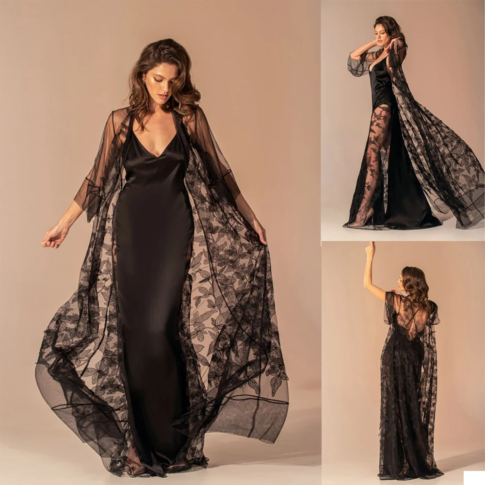 

Vintage Evening Dresses 2 Pieces Suits Gowns Appliques Lace Silk Satin Women Dress Photography Long Robes Prom Gowns Custom Made