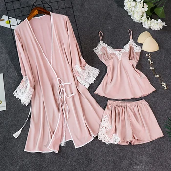 New Ladies Dress Silk Satin Ladies Pajamas Set Pajamas Lace Pajamas with Chest Pad 
New Ladies Dress Silk Satin Ladies Pajamas Set Pajamas Lace Pajamas with Chest Pad