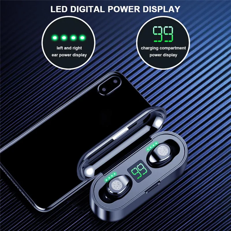 F9 TWS Bluetooth 5.0 binaural mini invisible magnetic touch headset LED digital display 2000 mAh can charge mobile phone 
F9 TWS Bluetooth 5.0 binaural mini invisible magnetic touch headset LED digital display 2000 mAh can charge mobile phone