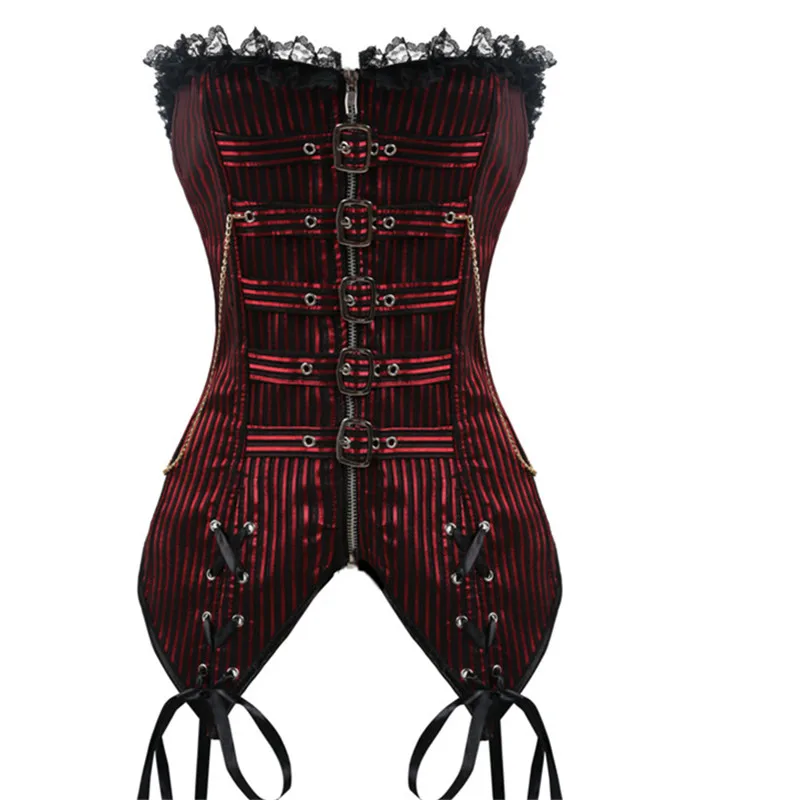 

Striped Black Red Steampunk Corsets and Bustiers Women Buckle Zipper Burlesque Bodice Overbust Korse Gothic Waist Trainer Corset