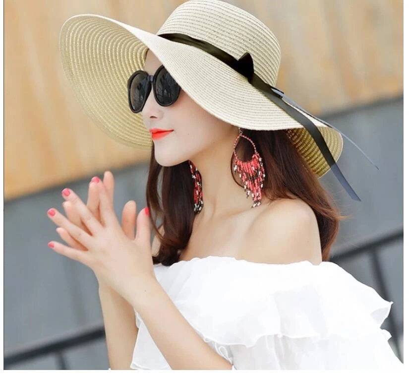 Embroidery Summer Straw Hat Women Wide Brim Sun Protection Beach 