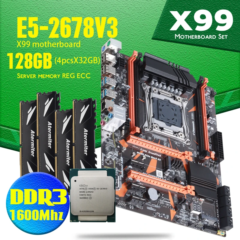Комплект материнской платы X99 D3 с Xeon E5 2678 V3 LGA2011 3 CPU 4 шт. X 32 ГБ = 128 1600 МГц DDR3 REG ECC Emory