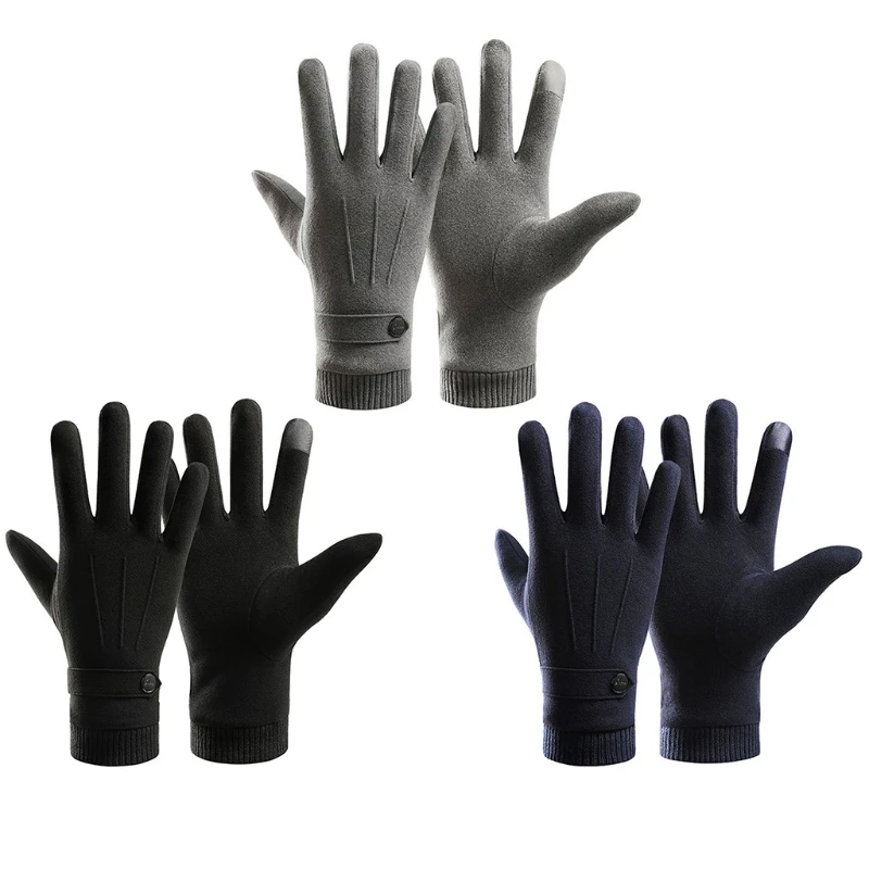 

Men Autumn Winter Warm Touch Screen Faux Suede Gloves Thicken Plush Lining Elastic Knit Cuff Driving Cycling Texting Windproof