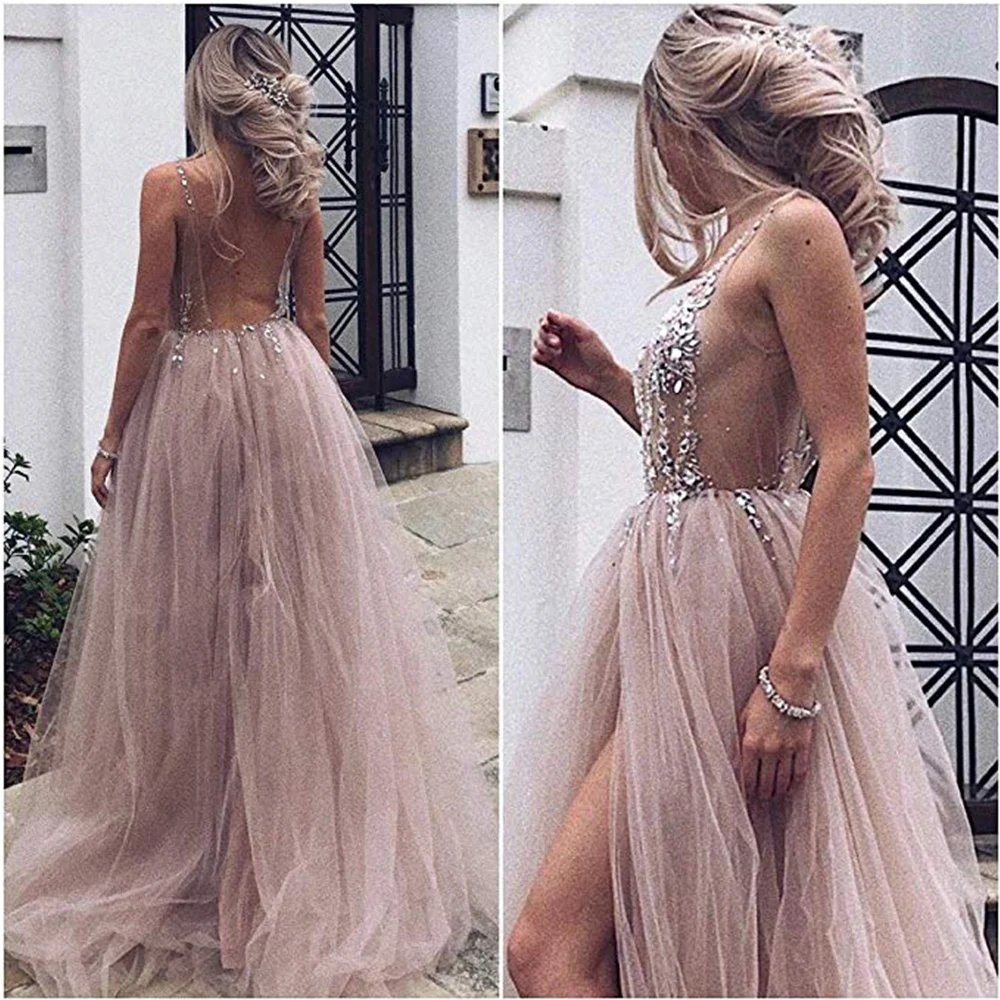 Sexy Crystal Illusion Prom Dress 2019 New Deep V-Neck Backless Evening Party Gown With High Slit Sleeveless Formal Dresses
Sexy Crystal Illusion Prom Dress 2019 New Deep V-Neck Backless Evening Party Gown With High Slit Sleeveless Formal Dresses