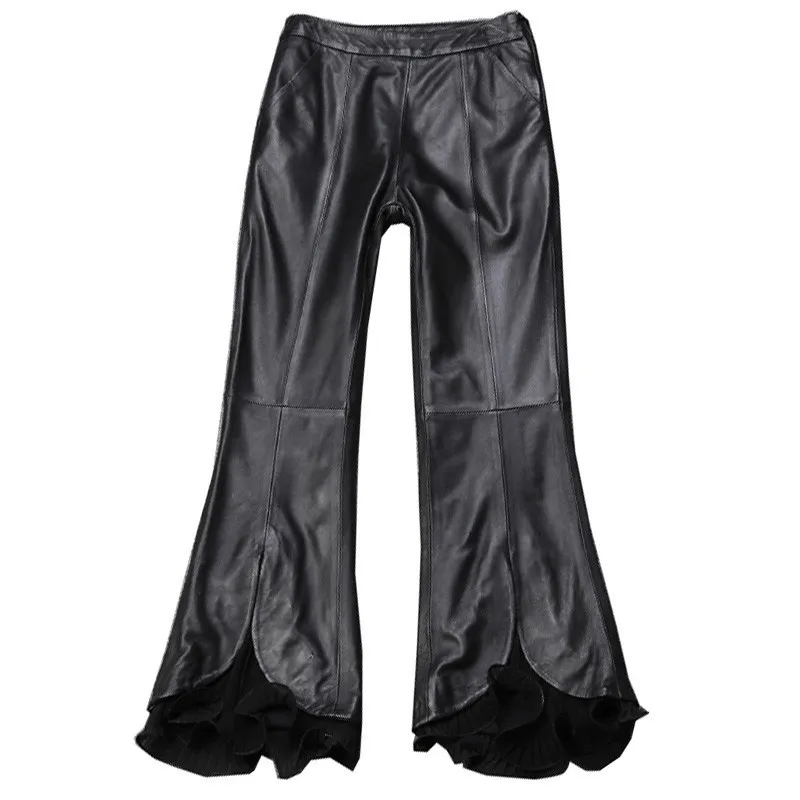 Fashion Women Sheepskin Genuine Leather Flare Pants Boot Cut Lace Spliced Wide Leg Trousers High Waist Office Lady Leather Pants
Fashion Women Sheepskin Genuine Leather Flare Pants Boot Cut Lace Spliced Wide Leg Trousers High Waist Office Lady Leather Pants