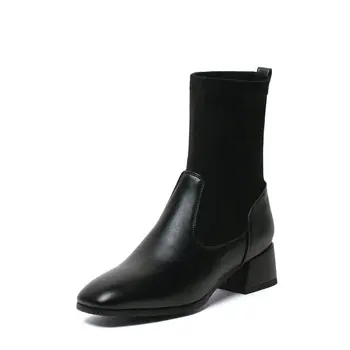 2021 New Autumn Winter Square Heels PU Leather + Flock Ankle Women Boots Fashion Square Toe Slip on Ladies Shoes Size 34-43 
2021 New Autumn Winter Square Heels PU Leather + Flock Ankle Women Boots Fashion Square Toe Slip on Ladies Shoes Size 34-43