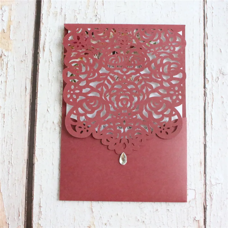 Burgundy wedding card invitation rustic rose bridal invite pocket customized design printing 50pcs | Дом и сад