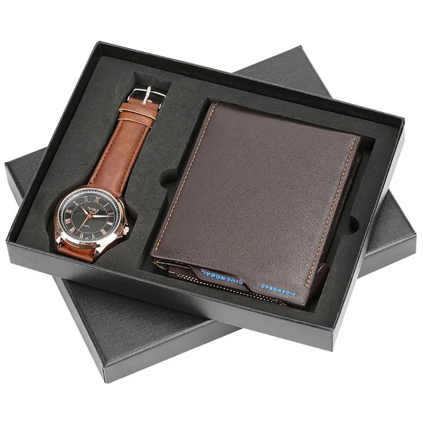 

Men Watches Leather Band Quartz Wrist Watch with Folding Clasp Leather Wallet Gift Birthday Set for Boyfriend for Dad Husband