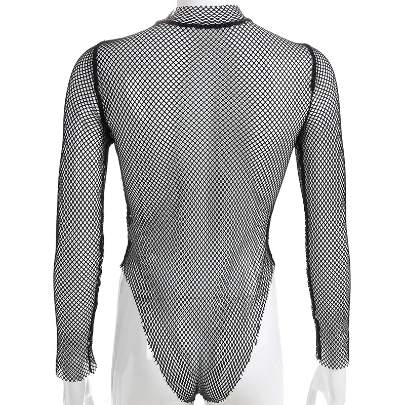 Rockmore Mesh Sexy See Through Bodysuits Women Fishnet Transparent Body Femme Long Sleeve Bodysuit Top Playsuit Nightclub Bodies