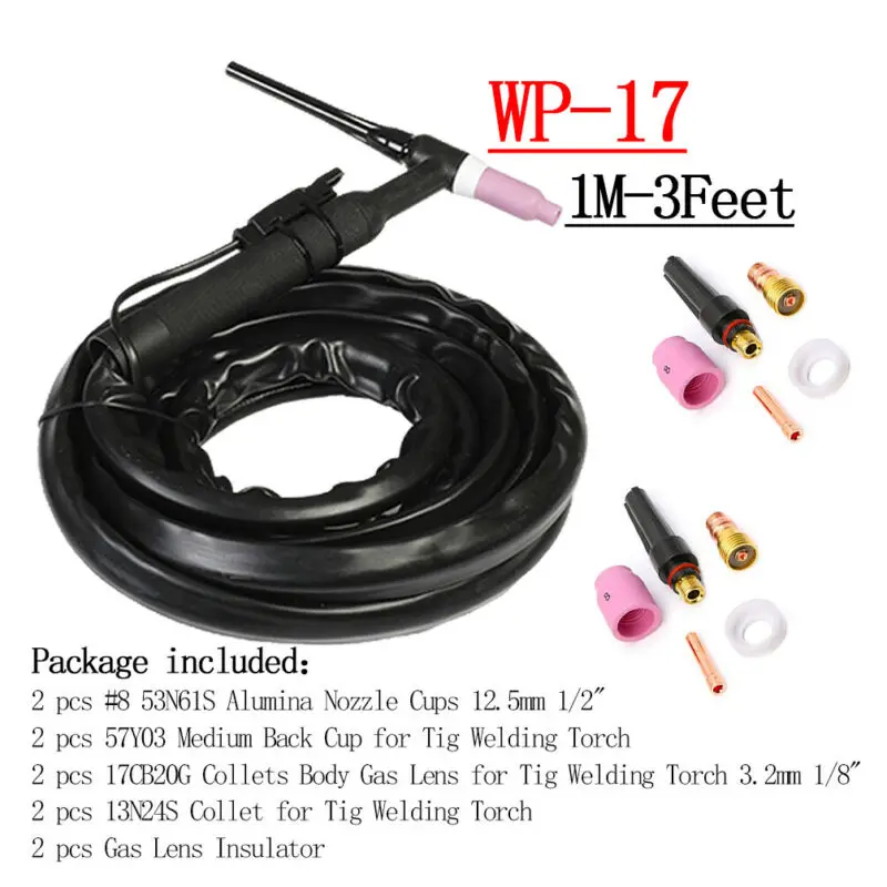 WP-17F TIG Welding Torch 150Amps DC / 120Amps AC Air Cooled 1M Complete Flexible Head W Consumables TIG Welding Torch
WP-17F TIG Welding Torch 150Amps DC / 120Amps AC Air Cooled 1M Complete Flexible Head W Consumables TIG Welding Torch