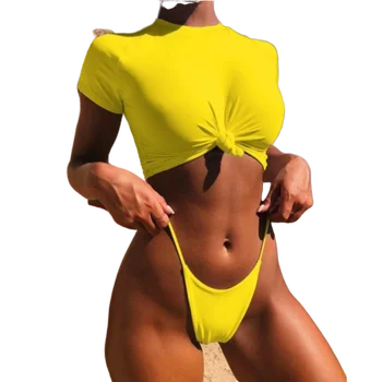 Cropped Top Knot Tie Front Bikini Set High Leg Cut Swimsuits For Women Short Sleeve Bathing Suit Female Two Pieces Swimsuit 2019
Cropped Top Knot Tie Front Bikini Set High Leg Cut Swimsuits For Women Short Sleeve Bathing Suit Female Two Pieces Swimsuit 2019