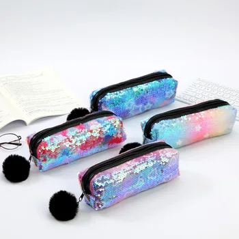 

Kawaii Back to School Pencil Case for Girls Boys Pen Box Cute Hairball Pencilcase Sequin Cosmetic Cartridge Bag Stationery Kit