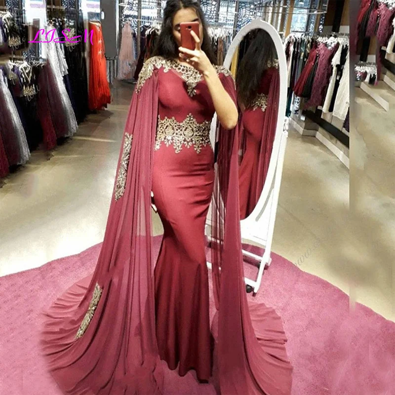 

Burgundy Muslim Evening Gowns Mermaid Long Plus Size Kaftan Prom Dresses with Appliques Arabic Cap Sleeve Cape Formal Dress