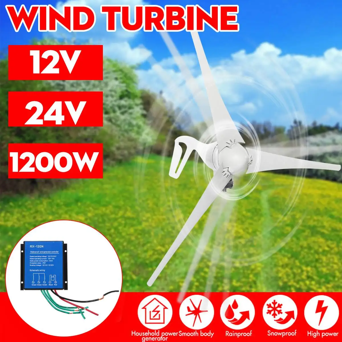 S2 1200W 3 Blades DC 12V/24V Wind for Turbine Generator Kit With Charge Controller
S2 1200W 3 Blades DC 12V/24V Wind for Turbine Generator Kit With Charge Controller