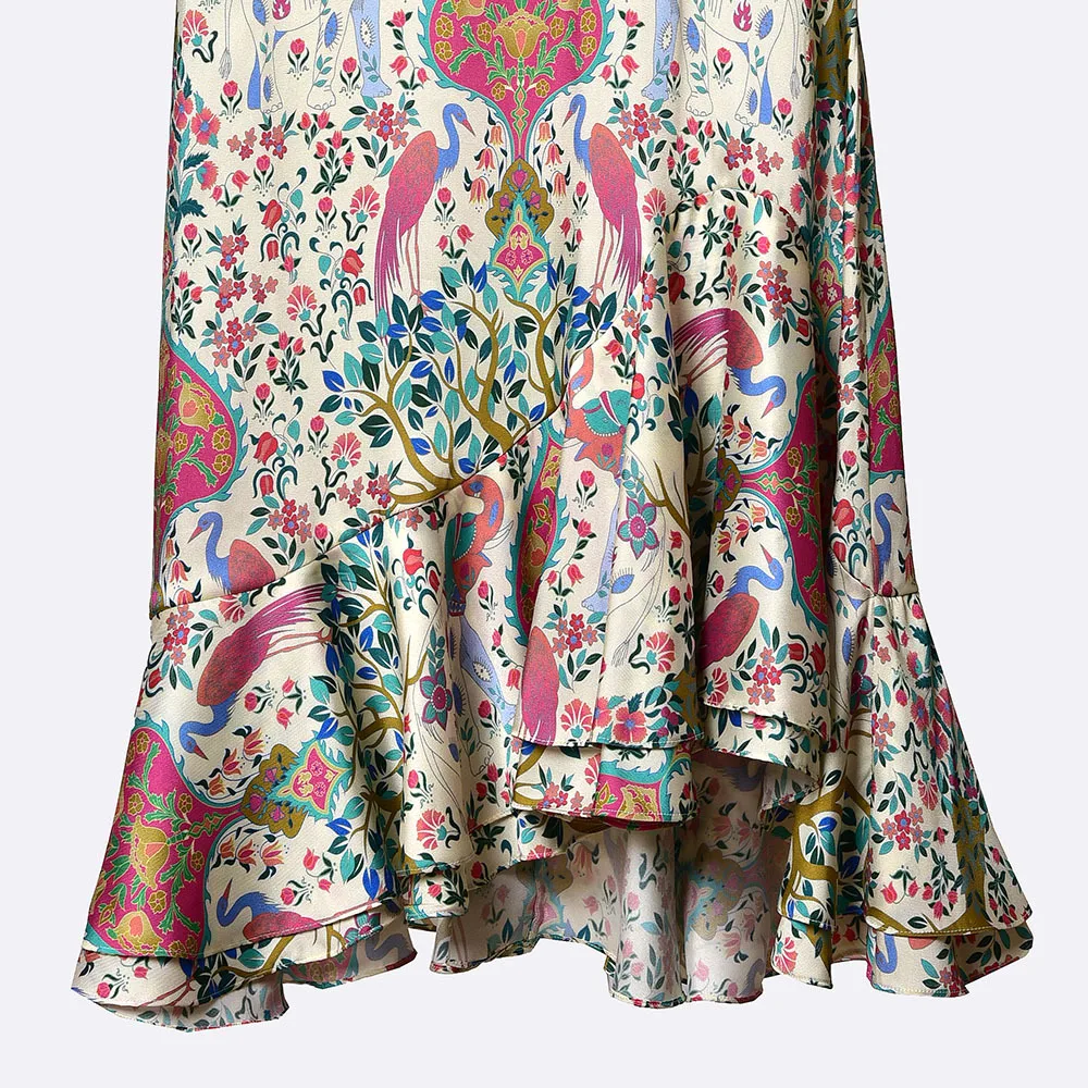 2020 Spring Summer Mini Dress Women V-neck ruffled Vintage printed satin short dress for Holiday 2020 Spring Summer Mini Dress Women V-neck ruffled Vintage printed satin short dress for Holiday
