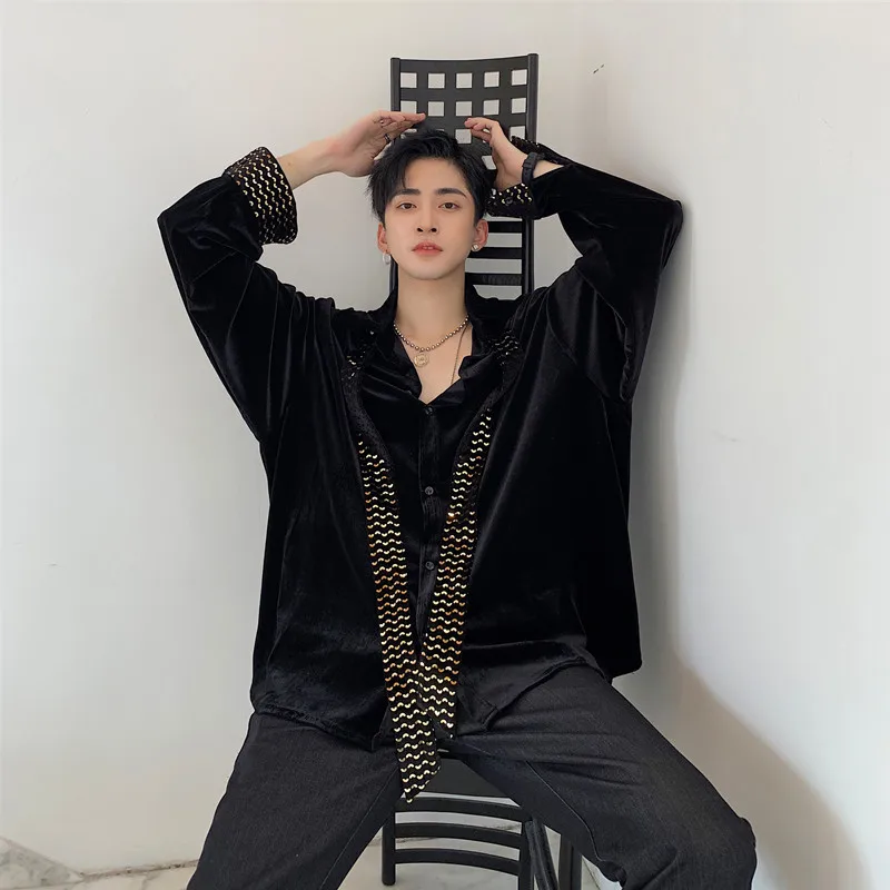 Men Long Sleeve Sequin Ribbon Loose Casual Velvet Tie Shirt Male Vintage Streetwear Hip Hop Shirt Stage Show Club Clothing
Men Long Sleeve Sequin Ribbon Loose Casual Velvet Tie Shirt Male Vintage Streetwear Hip Hop Shirt Stage Show Club Clothing