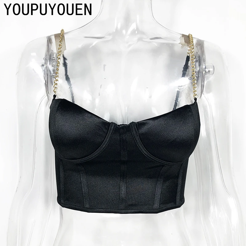 2020 Cami Crop Top Sexy Satin Women Chain Tops Short Camisole Corset Spaghetti Strap Summer Bralette Backless Croptop Black Red