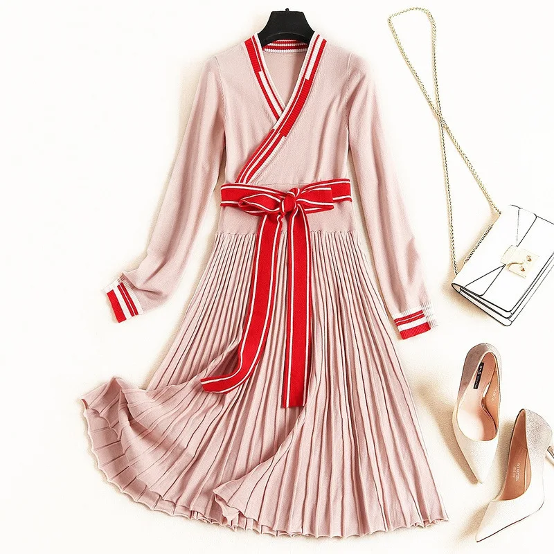 2019 Autumn Fashion Korean Plus Size V Neck Long Sleeves Contrast Color Pink Knitted Striped Lacing Belt Bow Women Dress
2019 Autumn Fashion Korean Plus Size V Neck Long Sleeves Contrast Color Pink Knitted Striped Lacing Belt Bow Women Dress