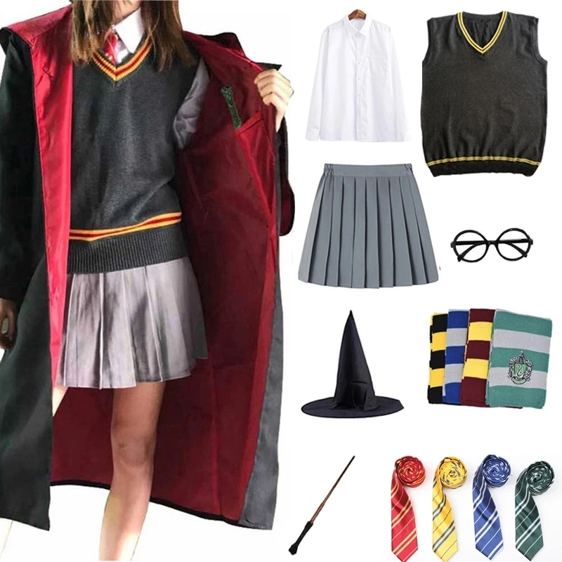 

Children Cosplay Costumes Magic Robe Cloak Potter Outfits Cape Hermione Cosplay Skirt Sweater Scarf Wand Accessories Clothes