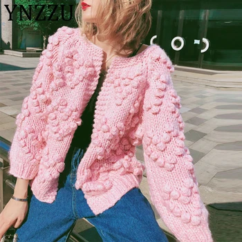 

YNZZU 2019 Autumn Winter Pompon Women Knitted Cardigans Oversized Lantern Sleeve Crochet Jumper Loose Female Cardigan Coats AT33