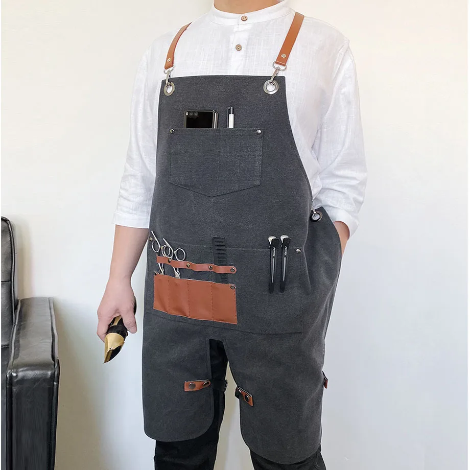 

Customized Apron Logo Restaurant Florist Barber Gardener Aprons Multi Tool Pockets Wear-resisting Canvas Work Uniform Men Women