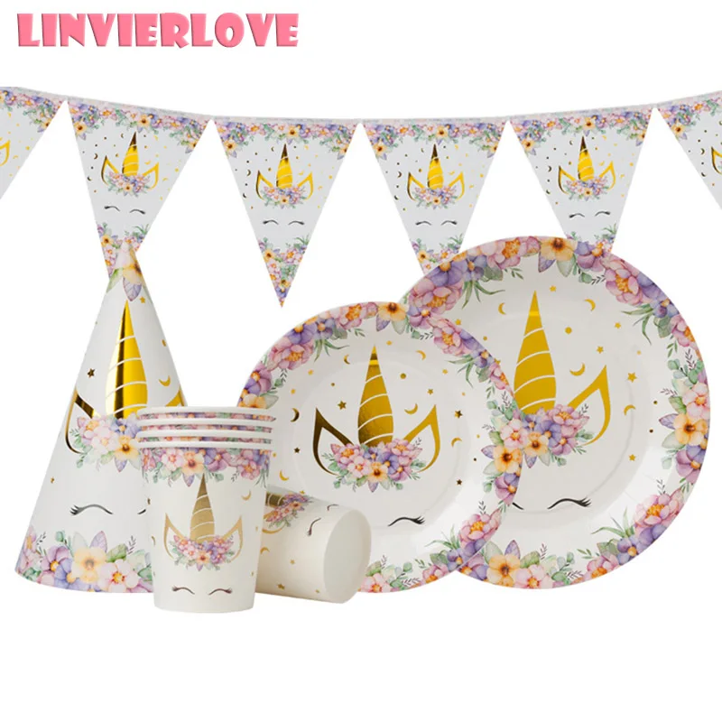 LINVIERLOVE 10pcs/pack Gold Unicorn Paper Cup Plate Hat For Wedding Birthday Flower Printing Disposable Party Tableware Supplies
LINVIERLOVE 10pcs/pack Gold Unicorn Paper Cup Plate Hat For Wedding Birthday Flower Printing Disposable Party Tableware Supplies