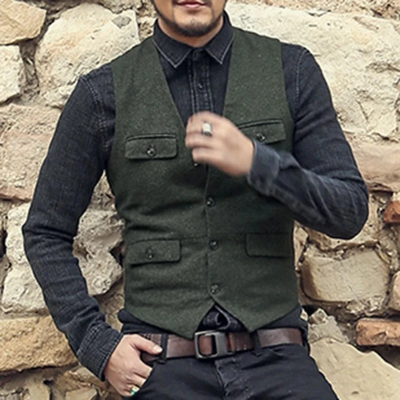 

2022 New Men's Suit Vest Dark Green Black Tweed Multi-Pockets Slim Fit Casual Formal Groomsmen Clothing Wedding Groom Waistcoat