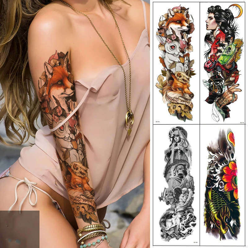 4 Piece Temporary Tattoo Sticker Black Totem Fox Rabbit Full Flower with Arm Body Art Big Large Fake | Красота и здоровье