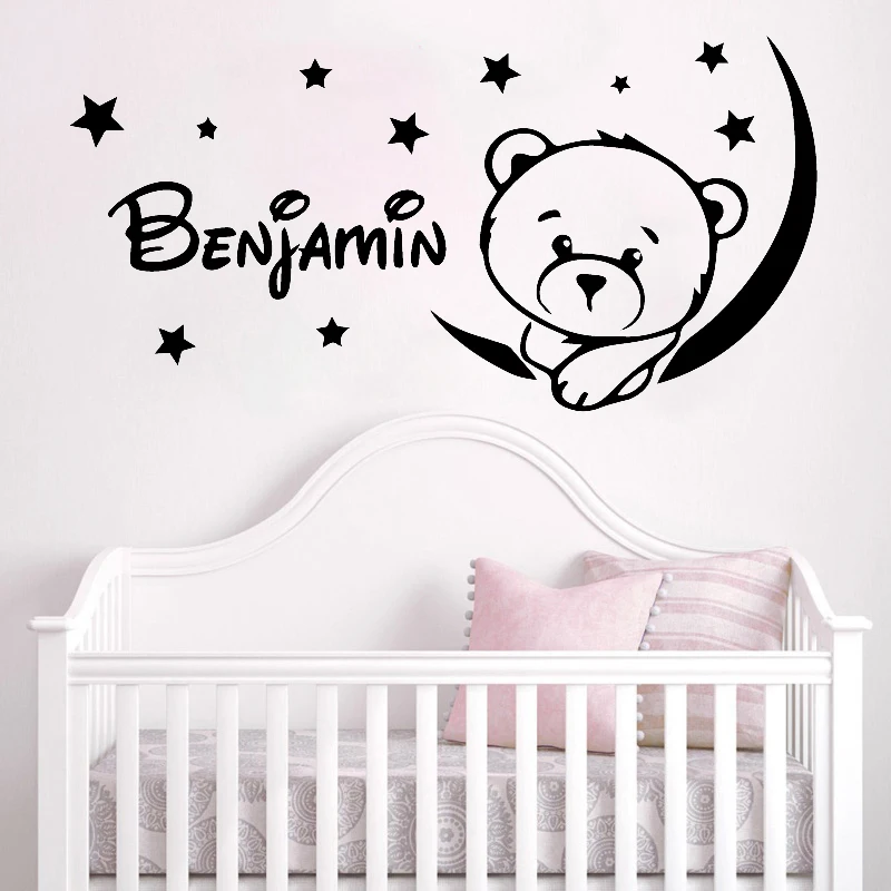 Kids Room Wall Stickers Teddy Bear Moon Stars Vinyl Decals Babys Bedroom Decoration Personalized Decor Custom Names Art Mural | Дом и сад