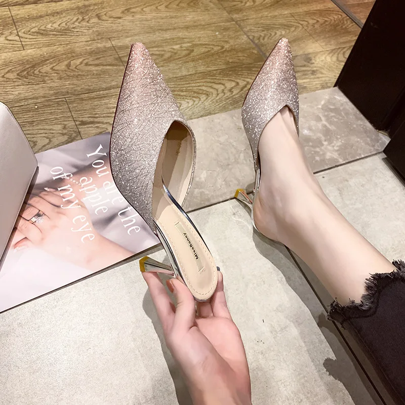 

women pumps Sequined Cloth Slip On 5CM Thin Heels High heels Pointed Toe Rhinestones Bling Shallow shoes for women women shoes