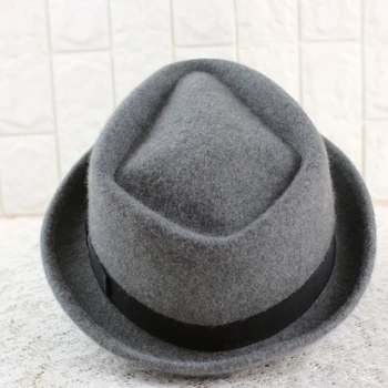 

Short Brim Men Flat Jazz Hat Australian Wool Felt Bow Floppy Fedora Cap Fashion Men Grey Pillbox Autumn Winter Men Warm Hat 2019